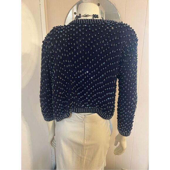 Topshop Navy Blue Fully Pearl & Sequin Beaded Open Front Cotton Cardigan 8 - Picture 5 of 7